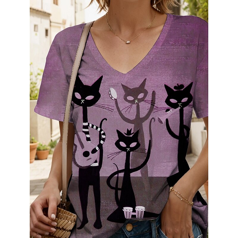 Women's T Shirt Graphic Animal Cat Vintage Stylish Classic Short Sleeve V Neck Regular Tops Daily Print Dusty Rose Light Brown Blue Purple Green Summer Spring3