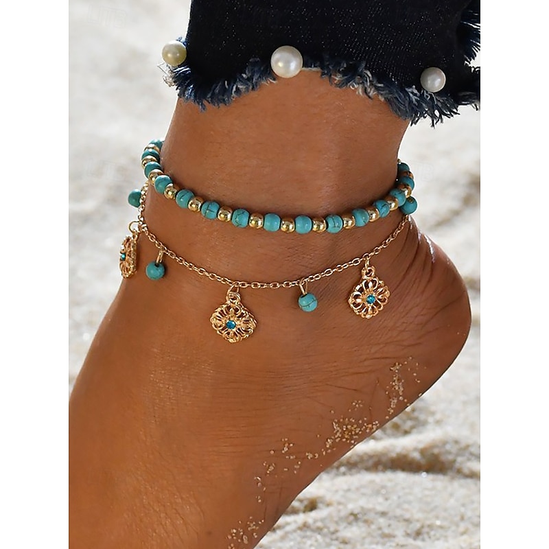 Women's Turquoise Beaded Anklet Set with Gold Plated Charms – Bohemian Beach Jewelry for Summer Vacations and Festivals2