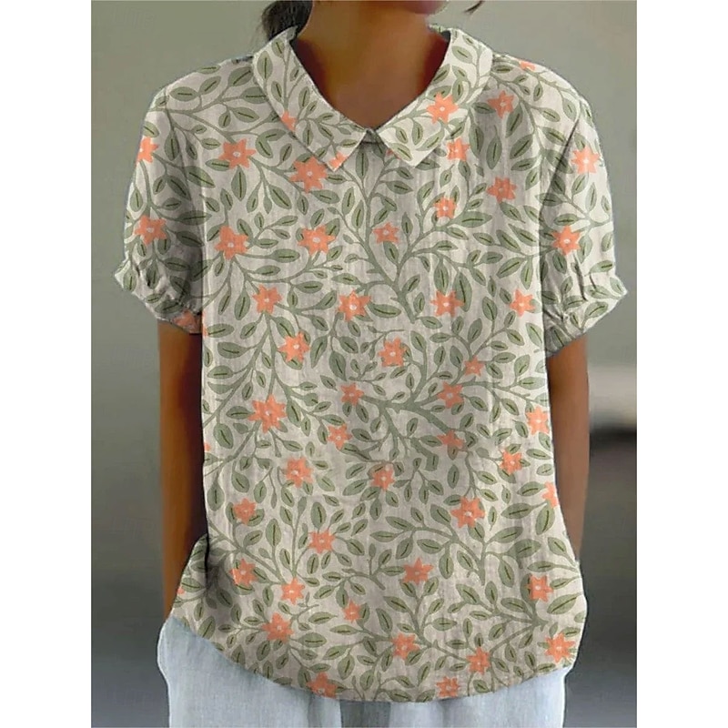 Women's Blouse Floral Graphic Vintage Stylish Casual Short Sleeve Shirt Collar Regular Tops Work Daily Print White Green Beige Summer Spring3
