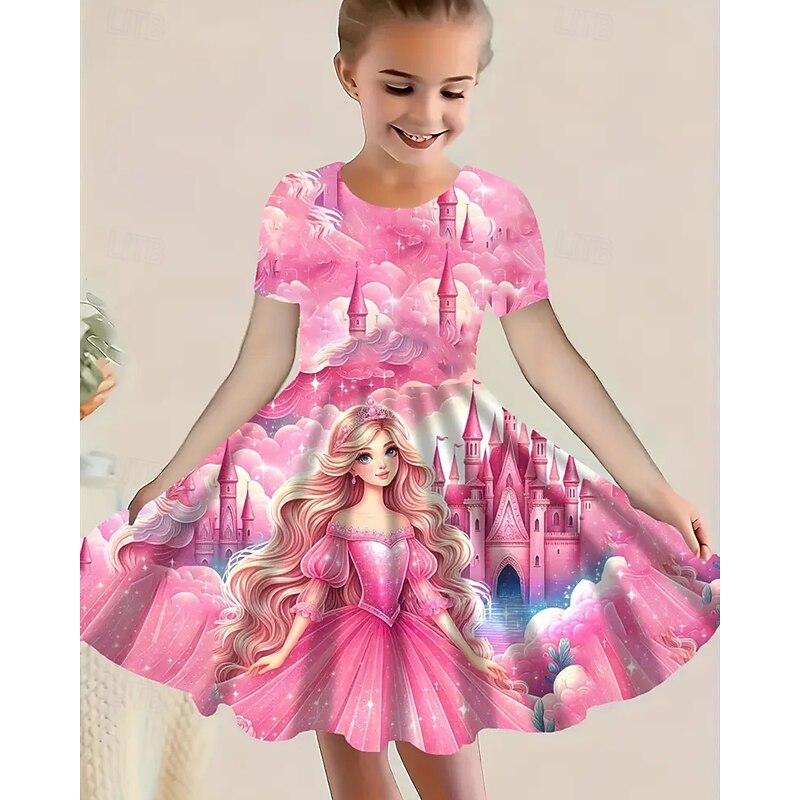 Girls' 3D Cartoon Dress Short Sleeve Summer Spring Vacation Daily Holiday Princess Beautiful Sweet Kids 4-12 Years Casual Dress A Line Dress Knee-length Regular Fit