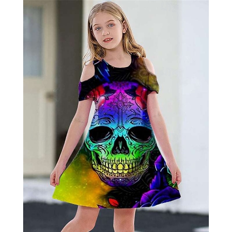 Girls' 3D Skull Dress Short Sleeve Summer Spring Vacation Daily Holiday Beautiful Sweet Kids 4-12 Years Casual Dress Knee-length Regular Fit