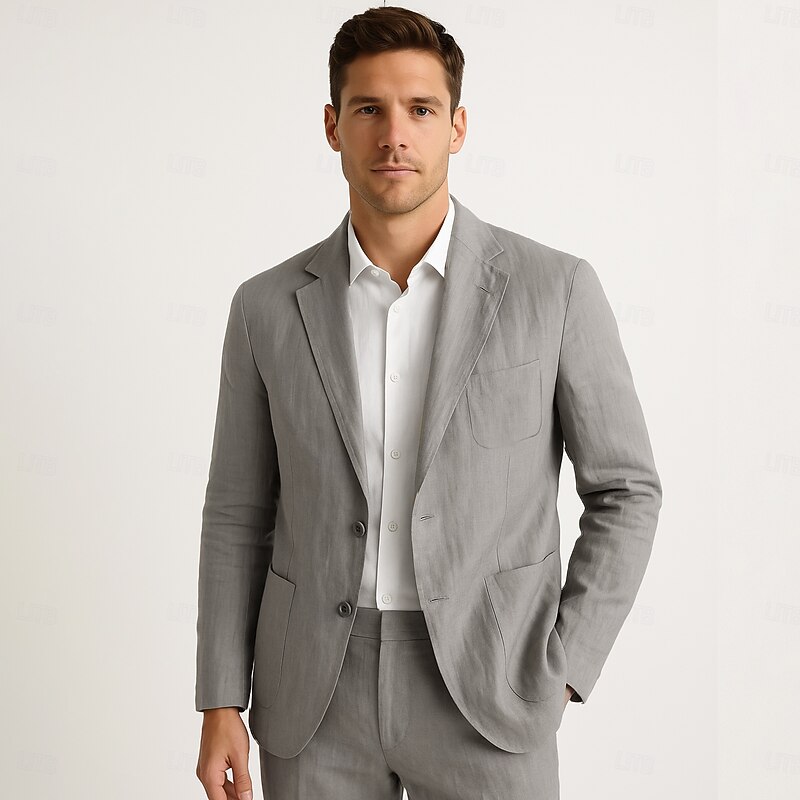 Men's 100% Linen Blazer Blazer Jacket School Formal Wedding Elegant Vacation Summer Spring 100% Linen Linen Solid Color Single Breasted Two-button Blazer Dark Gray Navy Blue Beige Light Blue