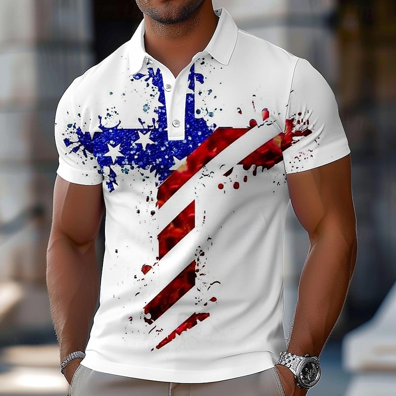 American Independence Day Men's American US Flag Polo Short Sleeve Polo Shirts Collared Shirts Casual Athleisure Festival Outfit Buttons Summer Blue