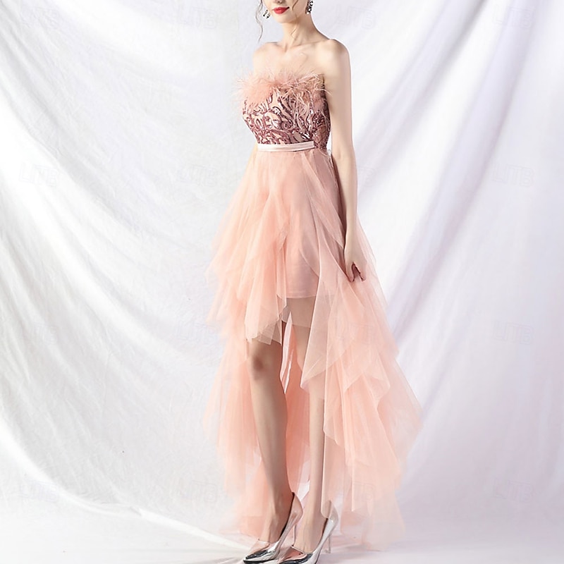 A-Line Quinceanera Dresses Elegant Dress Formal Wedding Asymmetrical Sleeveless Strapless Tulle Backless with Feather Embroidery