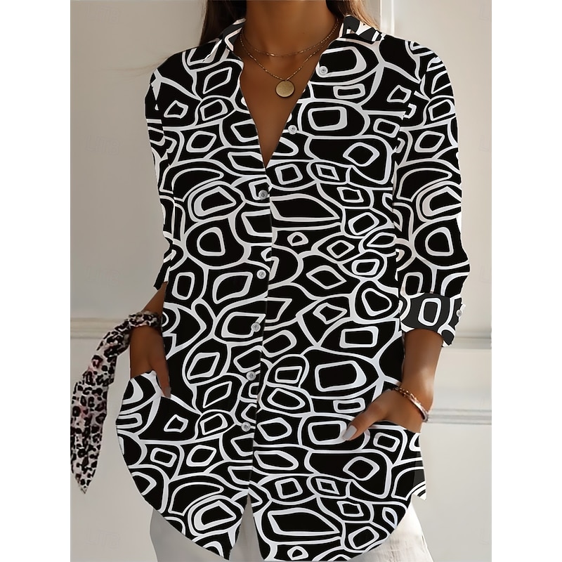 Women's Cotton Linen Shirts Geometric Daily Casual 3/4 Length Sleeve Shirt Collar Regular Tops Daily Holiday Buttons Print Black White Brown Green Summer