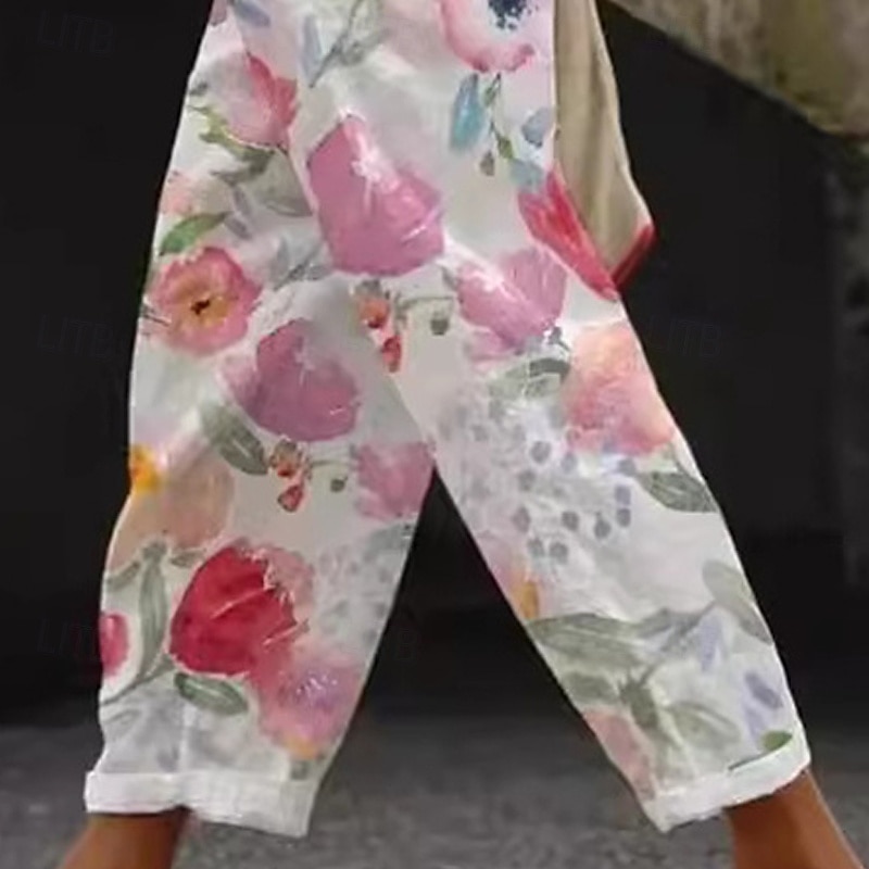 Women's Linen-Inspired Pants Cropped Pants Harem Pants Streetwear Boho Ankle-Length Mid Waist Flower Elastic Waist Breathable Comfortable Micro-elastic Outdoor Daily Wear Pink Summer Regular Fit3
