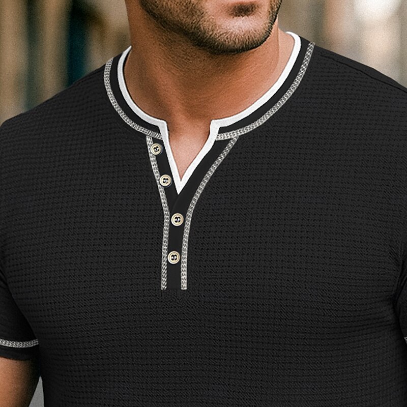 Men's Waffle Shirt V Neck Tee Short Sleeve Shirt Tee Top Short Sleeve V Neck Henley Summer Solid Color Daily Casual Patchwork Buttons Fake two piece Outdoor Street Causal Black White Blue Top Tee for2