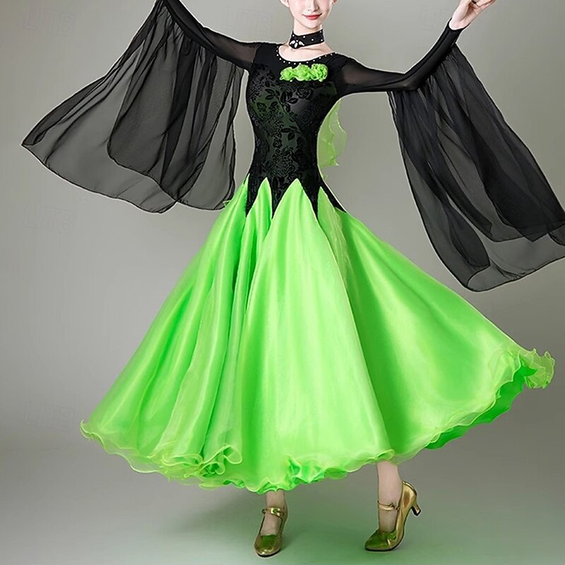 Ballroom Dance Dress Printing Splicing Crystals / Rhinestones Women's Performance Training Long Sleeve Mesh Spandex Tulle4
