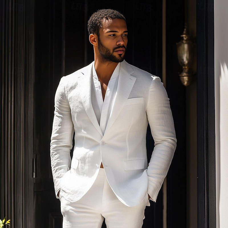 Men's Casual Linen Suits White Summer Fashion Casual Solid Colored Standard Fit 2 Piece Single Breasted Two-buttons2