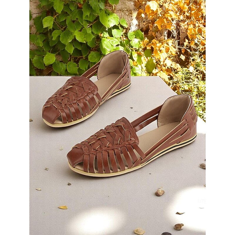 Women's Brown Woven Faux Leather Slip-On Flats – Breathable Vintage Casual Loafers for Spring & Autumn Walks and vacation3