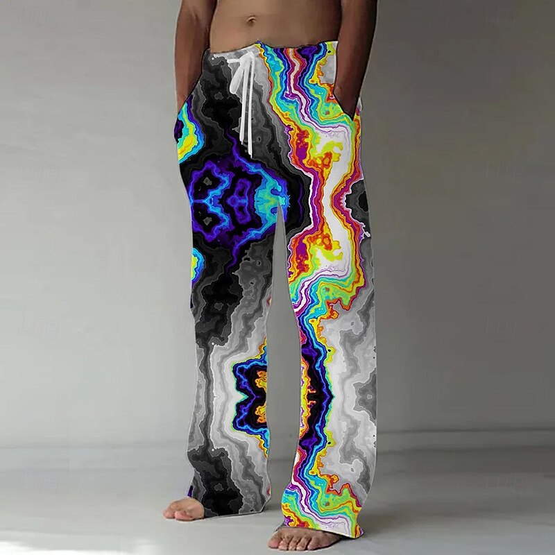 Men's Marble Abstract Liquid Art Trousers Baggy Pants Casual Pants Mid Waist Casual Outdoor Vacation Drawstring Side Pockets Elastic Waist Summer Spring 3D Print Black Blue Brown3