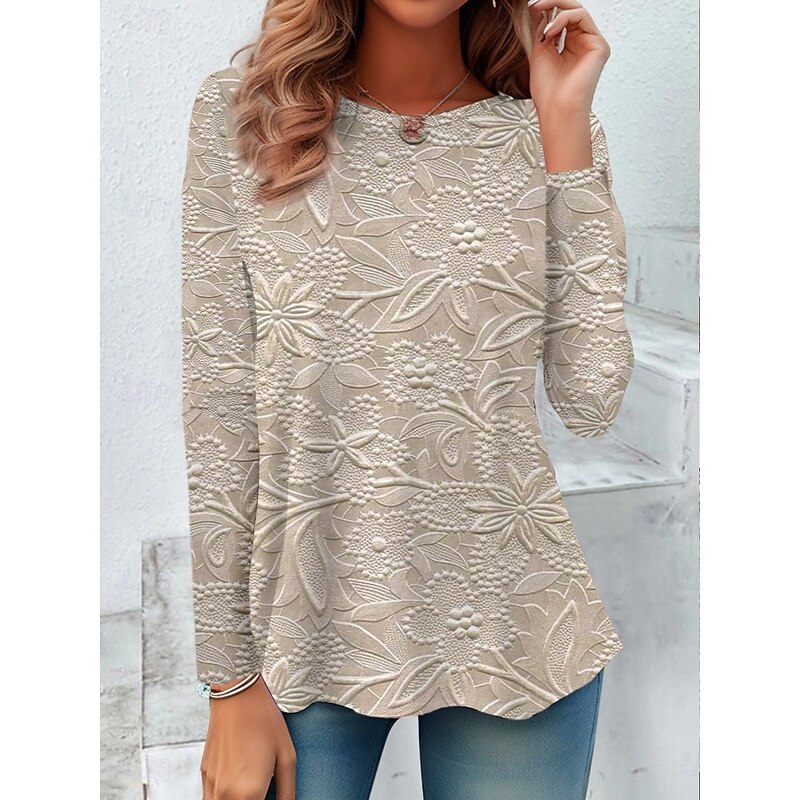 Women's T shirt Long Sleeve Top 3D Print Floral Casual Regular Tops Daily Print Silver Pink Sky Blue Khaki Spring Fall Prefall2