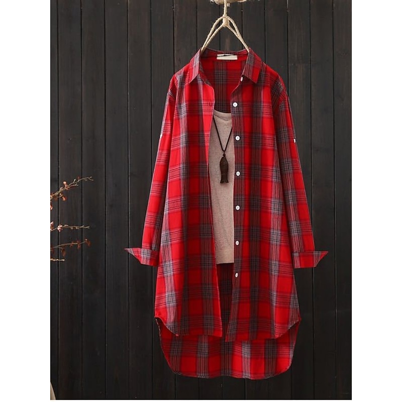 Women's Cotton Linen Shirt Plaid Basic Casual Long Sleeve Shirt Collar Regular Tops Daily Buttons Pocket Print Yellow Red Green Summer3