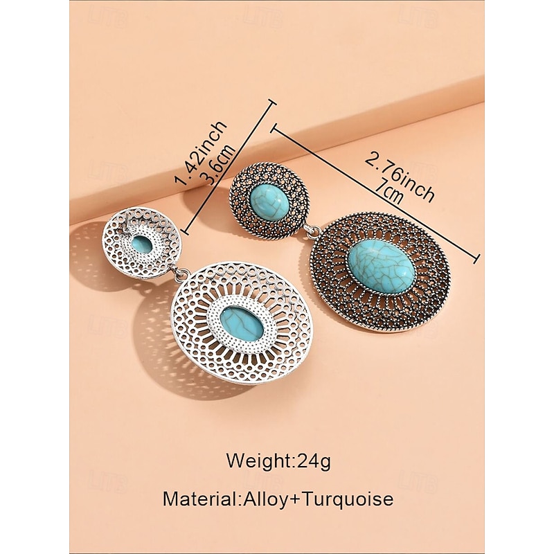 Women's Bohemian Turquoise Drop Earrings – Vintage Western Style Statement Jewelry with Feather and Bead Details for Parties, Festivals and Casual Wear3