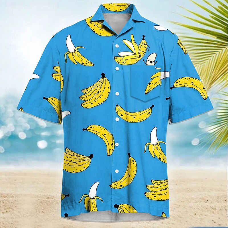 Men's Funny Banana Cuban Collar Shirt Summer Hawaiian Shirt Aloha Shirt Short Sleeve Hawaiian Vacation Holiday Beach Wear Summer Spring Camp Collar Shirt 3D Print Front One Pocket Yellow Blue Green4