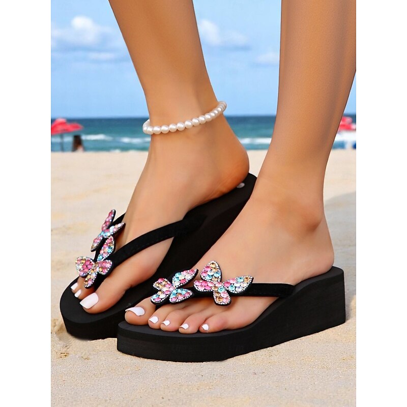 Women's Glitter Butterfly Platform Flip-Flops – Colorful Beach Sandals for Summer, Vacation & Poolside Fun