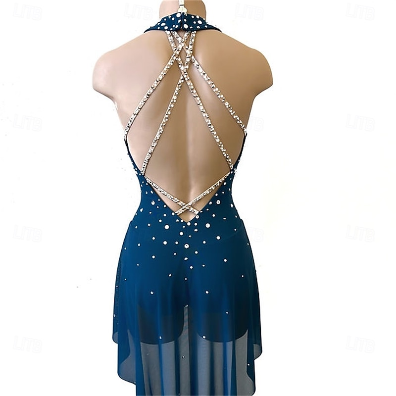 Figure Skating Dress Women's Girls' Ice Skating Dress Lake Blue Patchwork Open Back Mesh High Elasticity Training Competition Skating Wear Classic Crystal / Rhinestone Sleeveless Ice Skating Figure2