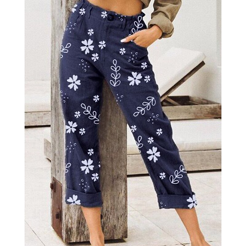 Women's Cotton Linen Pants Fashion Streetwear Full Length Natural Flower Pocket Elastic Waist Printing Comfy Outdoor Comfortable Vacation Street Black Pink Blue Khaki Summer Regular Fit3