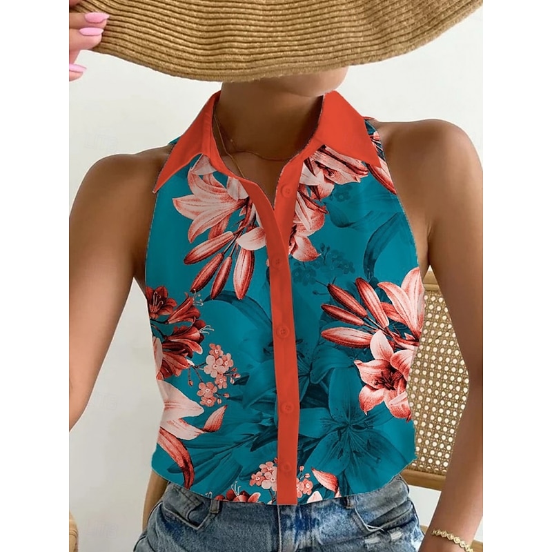Women's Shirt Button Down Blouse Graphic Color Block Stylish Casual Sleeveless Shirt Button Down Blouse Collar Regular Tops Daily Buttons Print Black Navy Blue Blue Rainbow Summer3