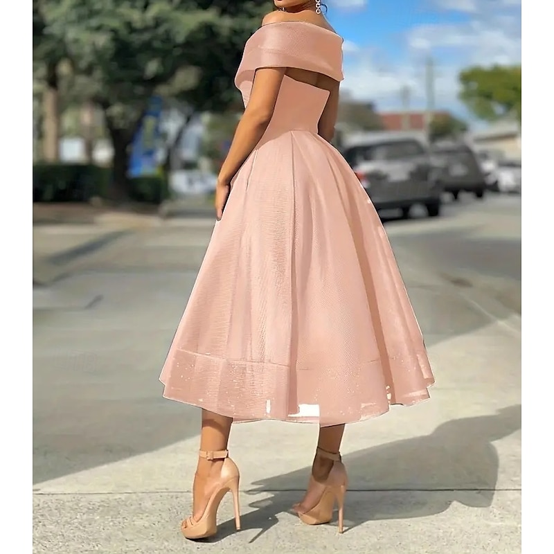 Beach Wedding A-Line Cocktail Dresses Vintage Dress Wedding Guest Tea Length Sleeveless Off Shoulder Tulle with Pleats Dresses2