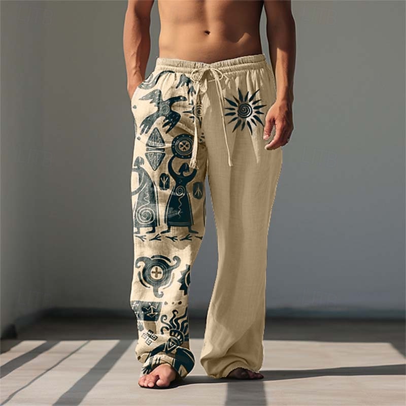 Men's Graphic Prints Linen Pants Baggy Pants Mid Waist Ethnic Style Casual Drawstring Elastic Waist Front Pocket Spring & Summer Black Blue Khaki