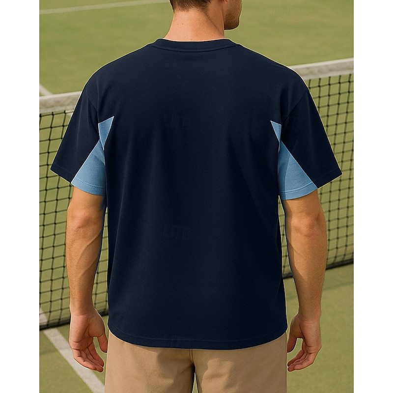 Men's Patchwork Tennis Tee Short Sleeves Contrast Binding Sweat-Wicking Moisture Wicking Breathable Tennis Golf Pickleball Crew Neck Black+Blue Grey Tennis Clothing2