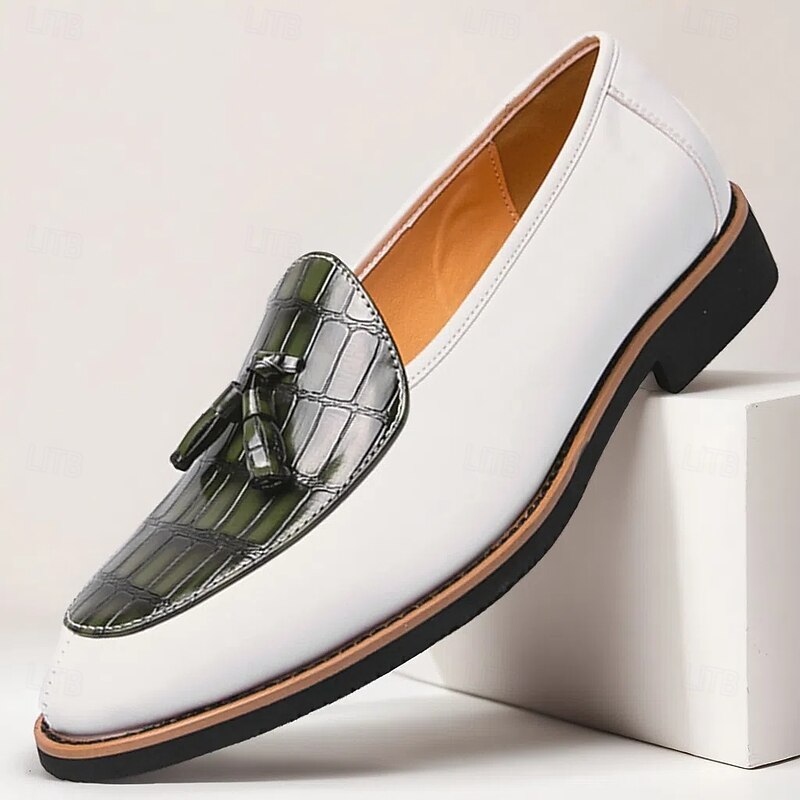 Men's White Faux Leather Loafers with Crocodile Pattern Accent – Elegant Casual Style for Dinner Parties and Evening Events