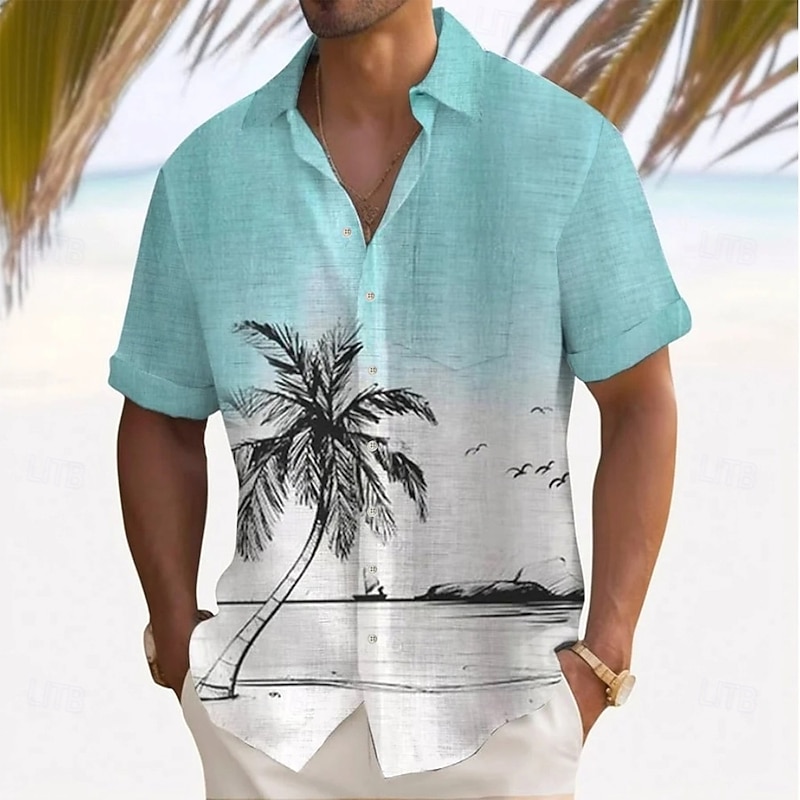 Men's Coconut Tree Tropical Plants Summer Hawaiian Shirt Button Up Shirt Aloha Shirt Short Sleeve Hawaiian Vacation Holiday Beach Wear Summer Turndown 3D Print Front One Pocket Linen Like Shirt Blue