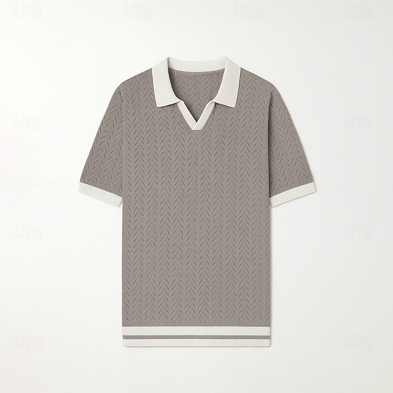 Men's Polo Business Casual Turndown Short Sleeve Color Block Jacquard V Neck Soft Summer Spring Fall Regular Fit claret Black Khaki Polo2