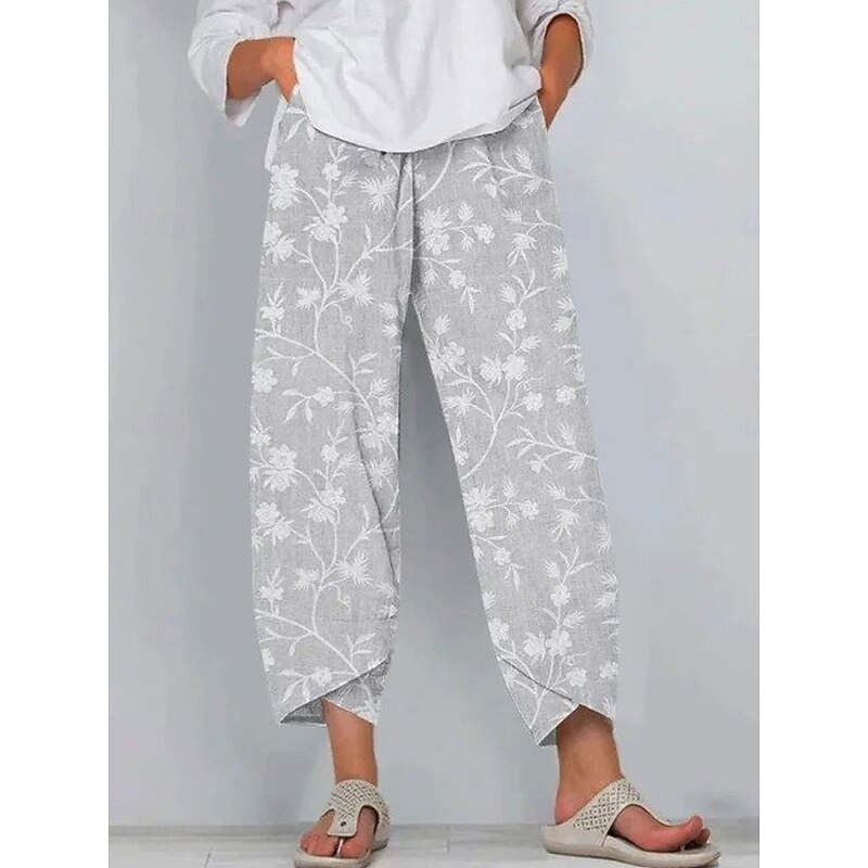 Women's Wide Leg Chinos Baggy Pants Vacation Vintage Ethnic Style Ankle-Length High Waist Floral Graphic Printing Thermal Warm Soft Breathable Micro-elastic Formal Vacation Street Beige Gray Summer2