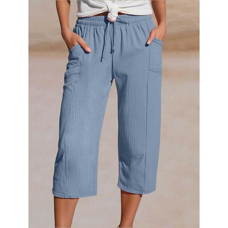 Women's Cotton Linen Pants Chinos Vacation Streetwear Basic Calf-Length High Waist Plain Pocket Elastic Waistband Comfy Soft Comfortable Micro-elastic Outdoor Street Light Green Blue Khaki Army Green2