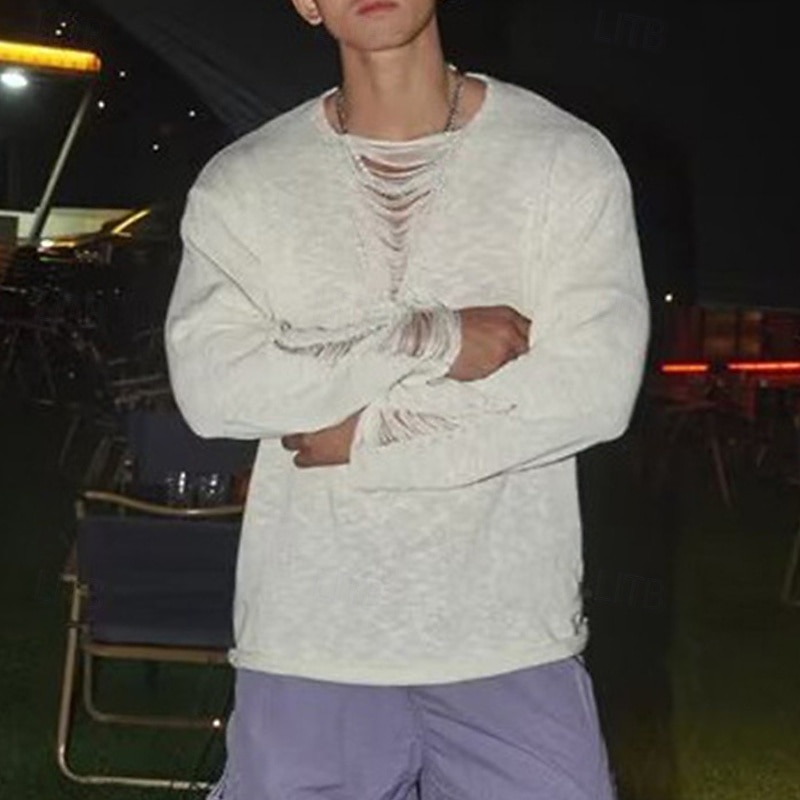 Men's T Shirt Tee Tee Top Long Sleeve Shirt Long Sleeve Crew Neck Summer Spring Plain Fashion Designer Basic Hole Vacation Street Going out Black White Top Tee for Men3