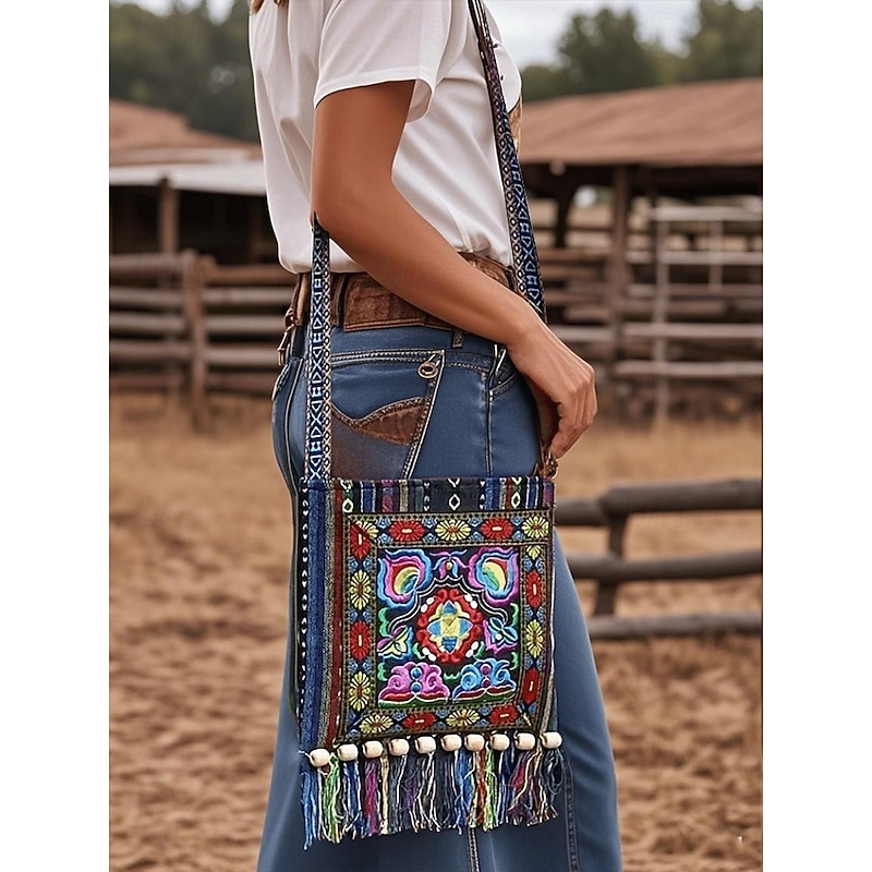 Women's Colorful Boho Embroidered Fringe Crossbody Bag – Ethnic Tribal Canvas Shoulder Purse with Tassels and Wooden Beads for Festivals, Travel and Casual Outings3