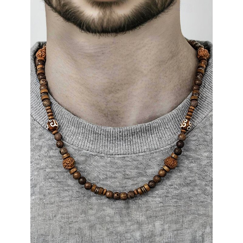 Men's Natural Wood Beaded Necklace – Handcrafted Boho Tribal Jewelry for Yoga, Meditation, Festivals and Daily Wear3
