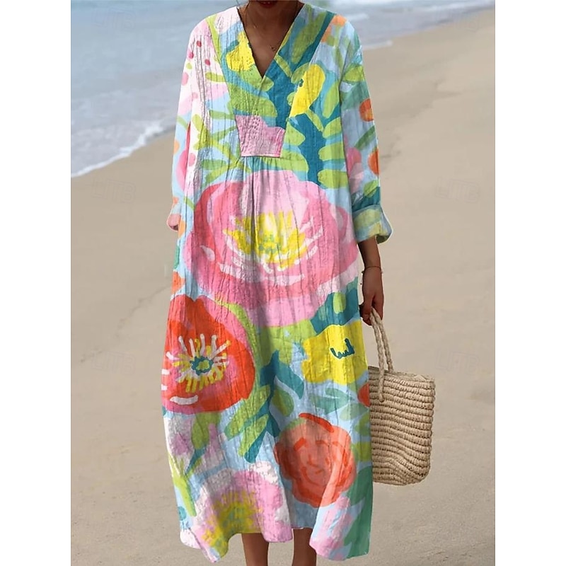 Women's Midi Dress V Neck Long Sleeve Kaftan Lightweight Loose Fit A Line Dress Casual Boho Party Going out Floral Graphic Long Sleeve V Neck Gray Green Dark Pink off-white Pink / White