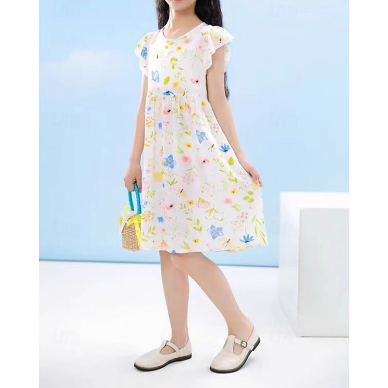 Kids Girls' Dress Flower Short Sleeve Outdoor Ruched Adorable Basic Cotton Knee-length Casual Dress Floral Dress Summer 4 years+ Light Pink White Yellow4