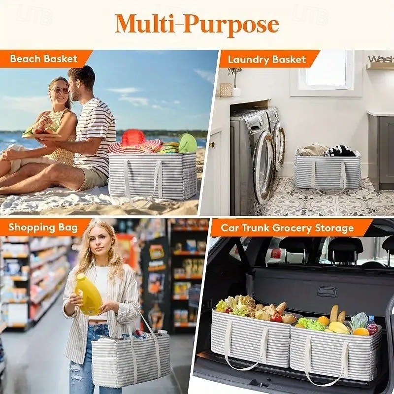 2pcs Extra Large Tote Bag, Reusable Grocery Bags with Metal Wire Frame and Handles, Standing Utility Foldable Shopping Bags for Storage, Picnics, Beach, Pool, Laundry, Car, Camping, 2 Packs, Grey3