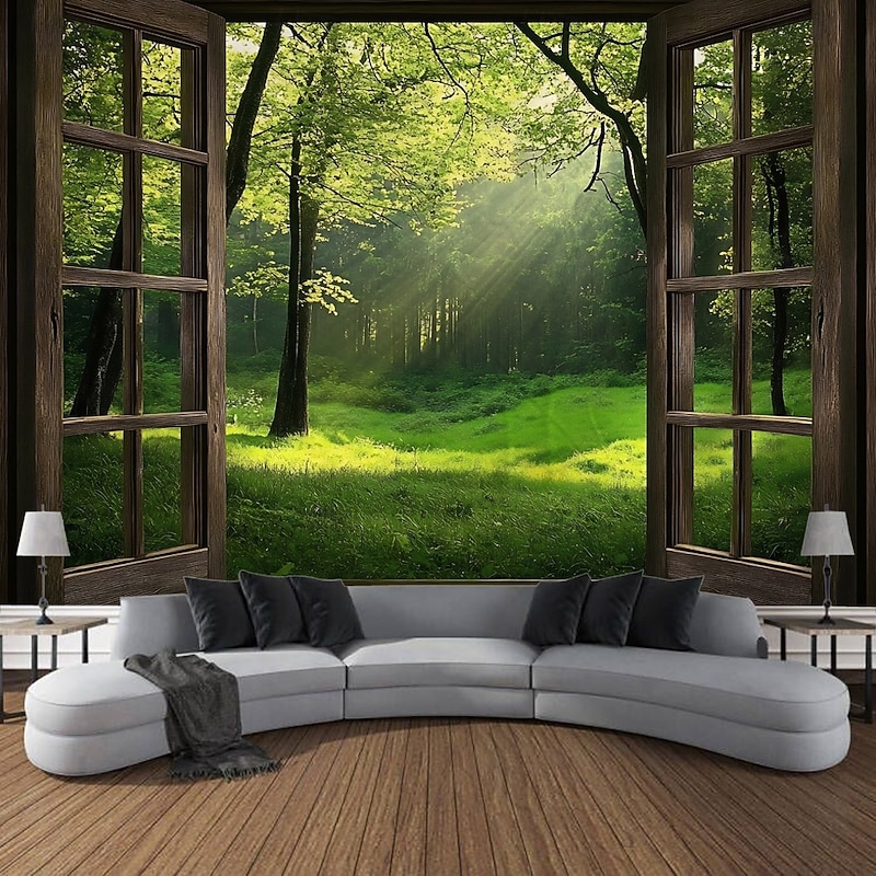 Window Forest Landscape Tapestry Decorative Art Carpet Curtain Hanging Home Bedroom Living Room Decoration3