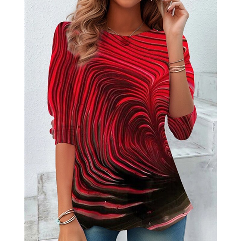Women's T Shirt Tee Top Color Block Abstract Fashion Modern Long Sleeve Crew Neck Regular Tops Daily Print Red Sky Blue Light Blue Summer Spring2