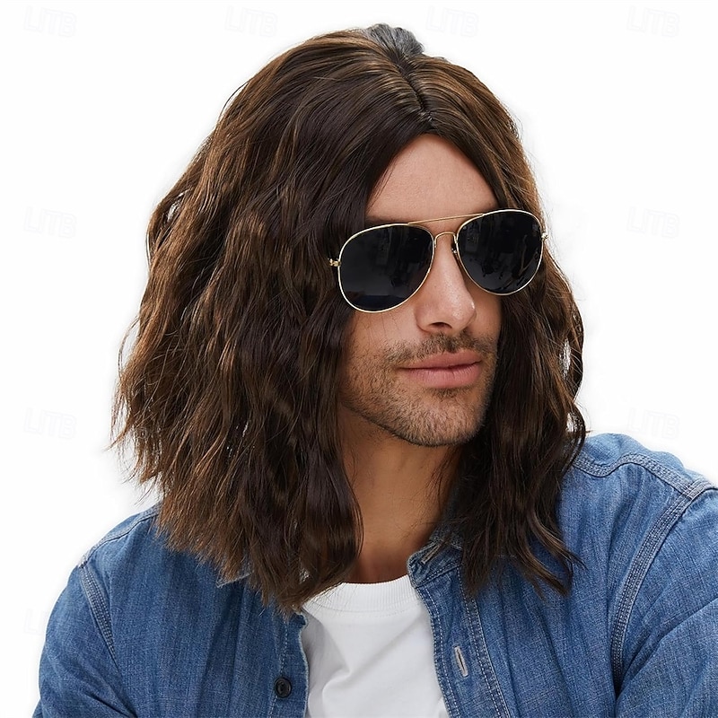 Long Wavy Men Wig for Party Curly Wigs for Man Male Hippie Rocking 70s 80s Them Party Cosplay Costume Anime Heat Resistant Synthetic Hair Wig With Cap Halloween Wigs3