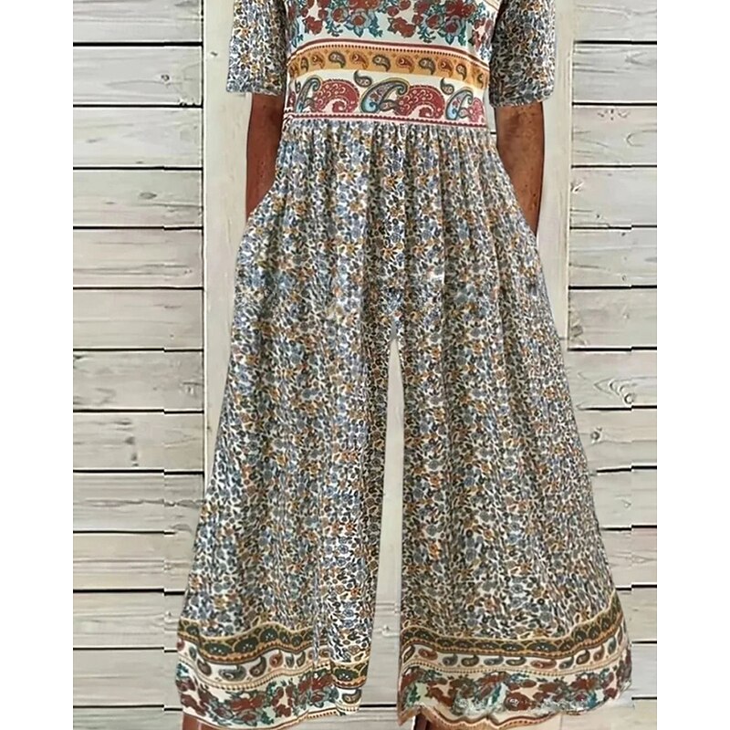 Women's Normal Jumpsuit Casual Floral Short Sleeve Crew Neck Print Street Daily Regular Fit Blue Apricot Summer2