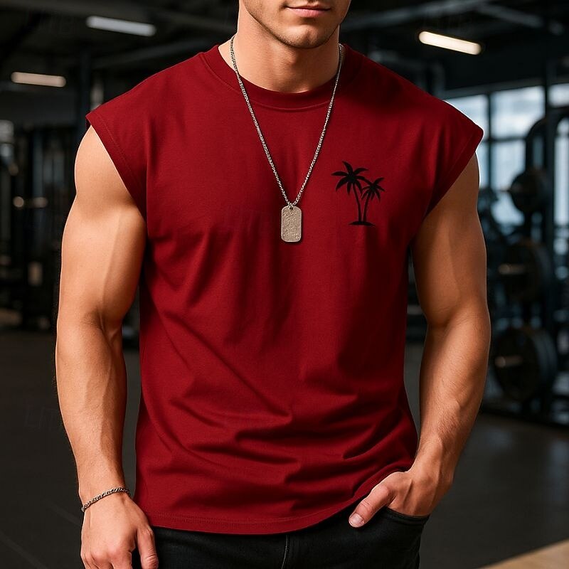 Men's Vest Top Undershirt Sleeveless Shirt Sleeveless Crewneck Spring & Summer Pattern Fashion Designer Vacation Street Going out Wine Dark Navy Army Green Top Tee for Men4