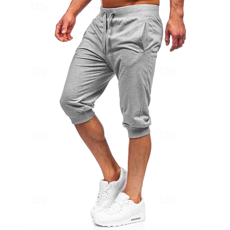 Men's Athletic Shorts Capri Pants Sweat Shorts Summer Shorts Pocket Drawstring Elastic Waist Plain Comfort Breathable Calf-Length Outdoor Sports Classic Casual Black Light Grey