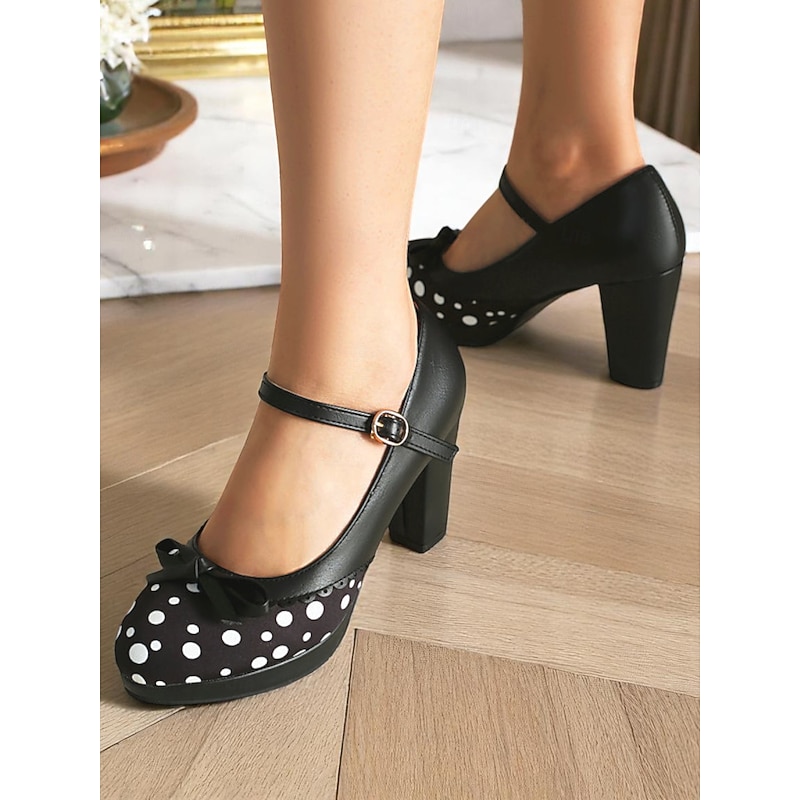 Women's Blue Polka Dot Block Heel Mary Janes – 1950s Vintage Style with Bows, Ideal for Tea Parties, Dates & Lolita Fashion2
