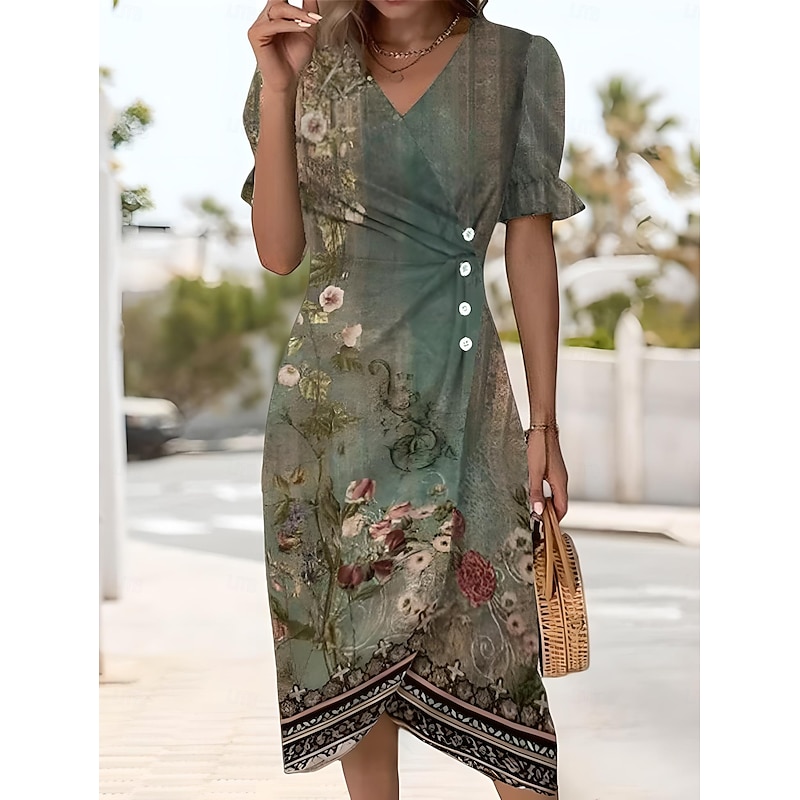 Women's Midi Dress Wrap Dress Elegant Lightweight Puff Sleeve Short Sleeve V Neck Going out Regular Fit Floral Graphic Rusty Red Blue Purple Green2