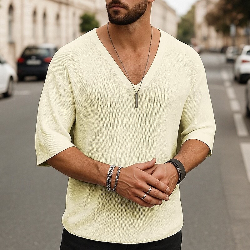 Men's T Shirt Tee Short Sleeve Shirt Tee Top Short Sleeve V Neck Summer Plain Fashion Designer Basic Classic Vacation Street Going out Black White Brown Top Tee for Men3