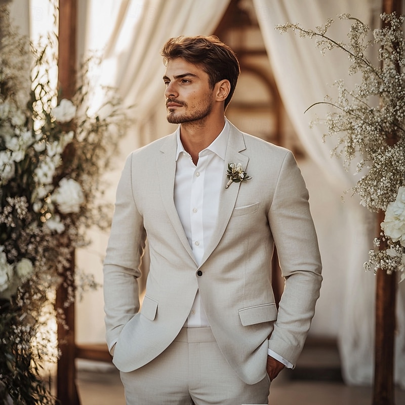 Men's Wedding Linen Suits Beige Fashion Formal Summer Solid Colored Standard Fit 2 Piece Single Breasted One-button2