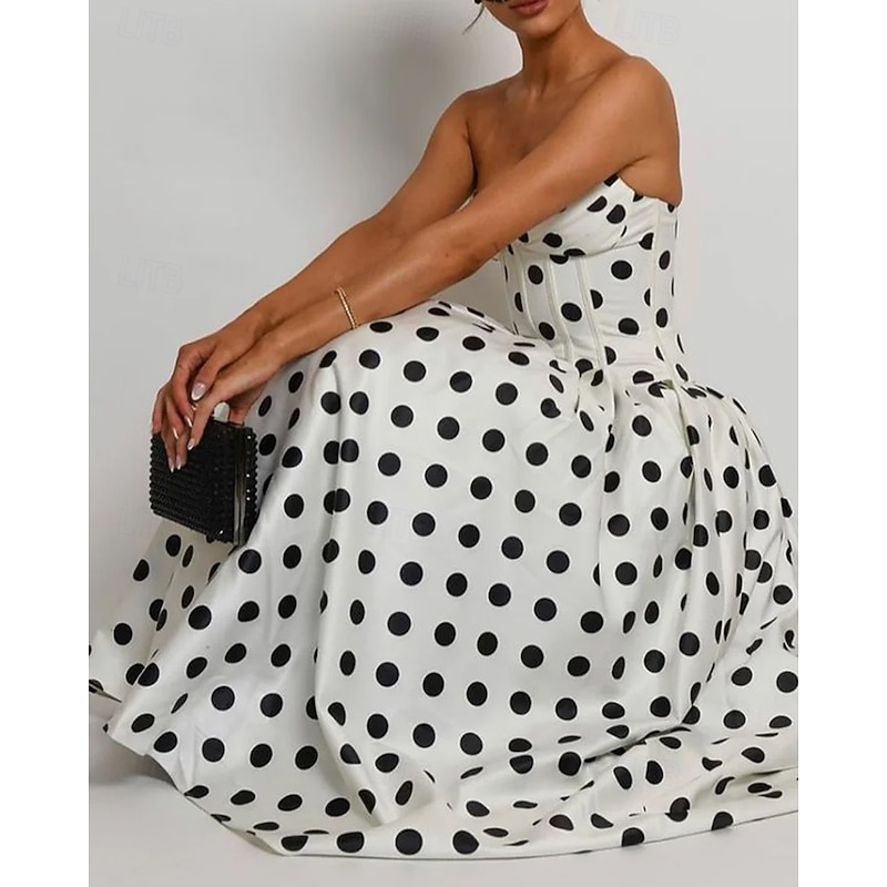 Drop Waist Corset Dress A-Line Cocktail Dresses Polka Dots Dress Formal Wedding Semi Formal Dress Tea Length Midi Length Sleeveless Sweetheart Satin with Pleats Wedding Guest Dress4