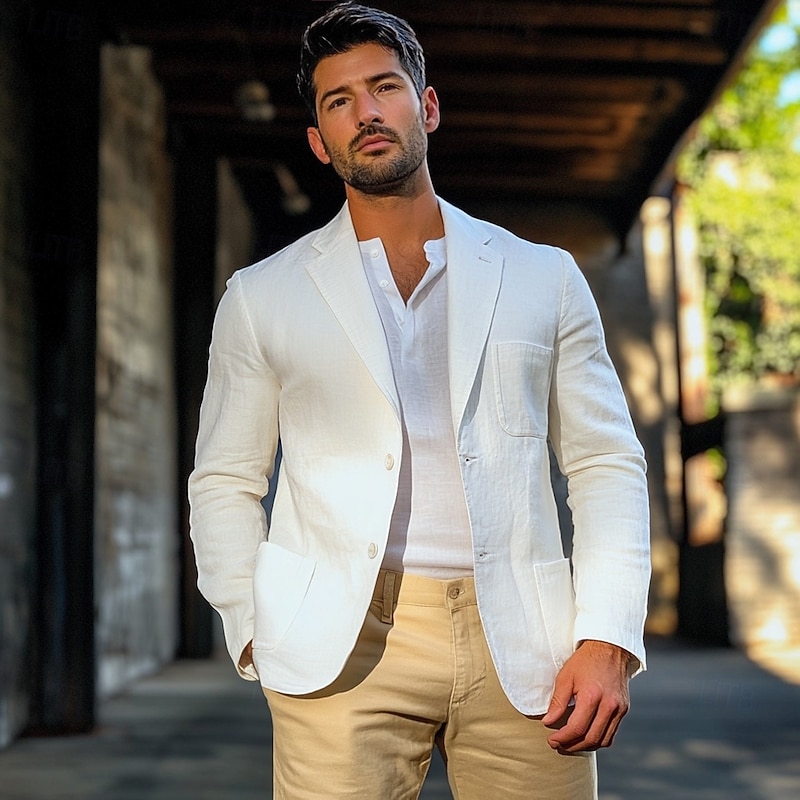Men's Blazer Linen Blazer Sport Coat Casual Daily Spring & Summer Linen Solid Color Single Breasted Two-button Blazer White