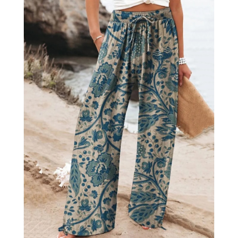 Women's Linen-Inspired Pants Wide Leg Palazzo Pants Fashion Boho Full Length High Waist Flower Elastic Waist Breathable Comfortable Micro-elastic Street Daily Wear Going out Black Red Blue Khaki2
